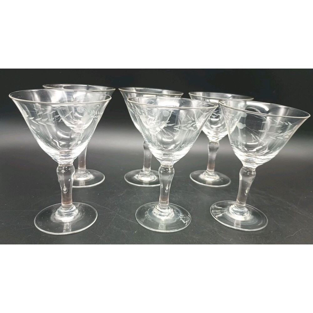 Vtg Pioneer Willow Moon Etched Liquor Cocktail Glasses Set Of 6 Hand Blown
